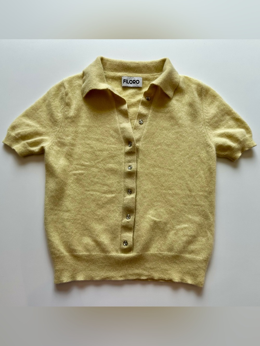 FILORO Yellow Short Sleeve Collared Button Front Sweater Polo Crystal Buttons